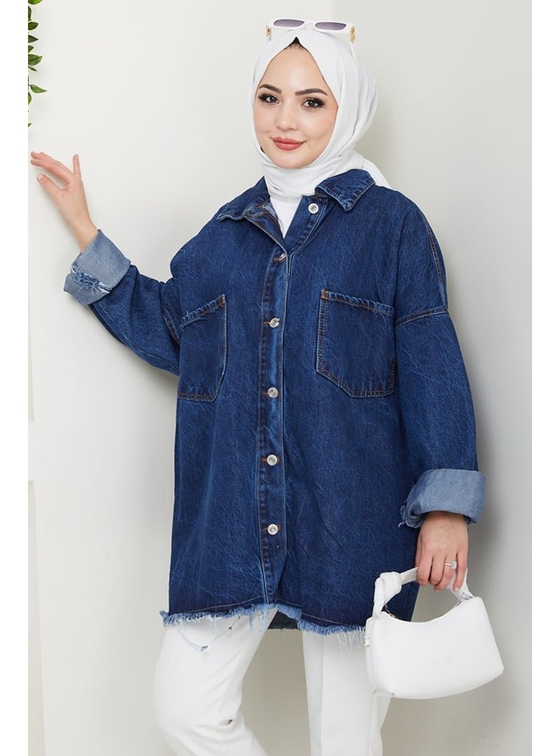 Bestenur Mavi Püsküllü Oversize Kot Ceket