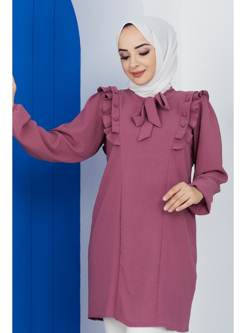 İmaj Butik Gül Kurusu Büyük Beden Yaka Bağlamalı Tunik