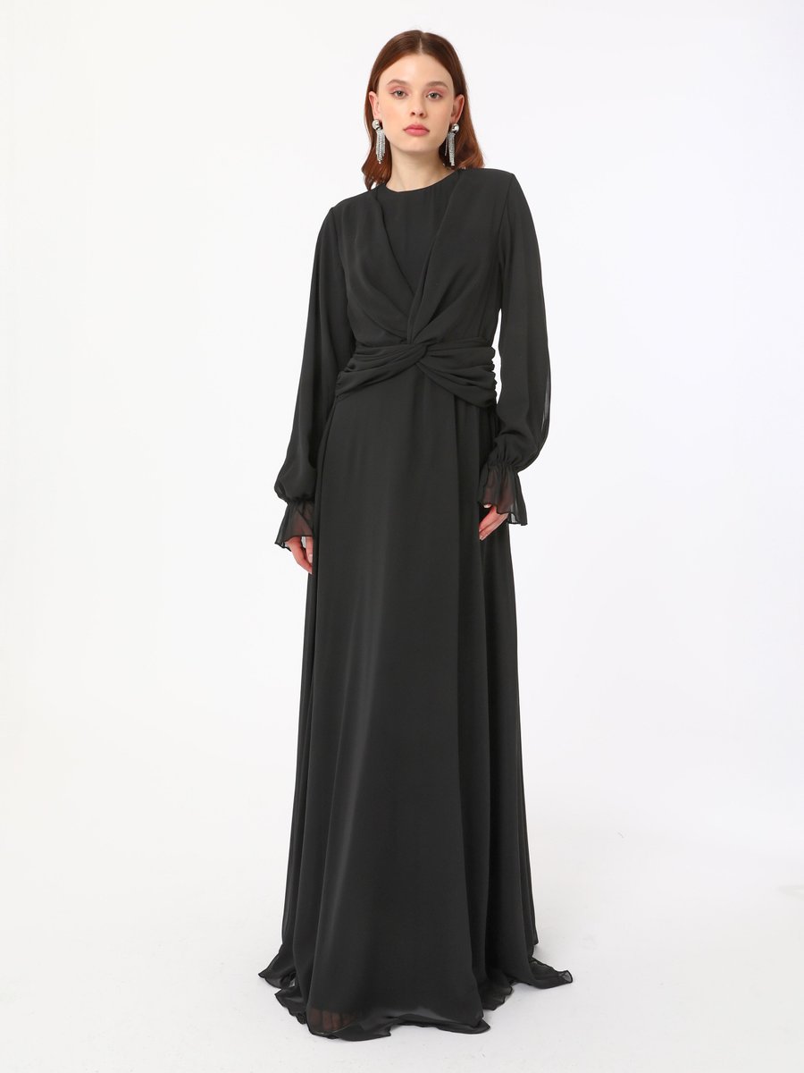 Refka Siyah Drape Detaylı Şifon Abiye Elbise