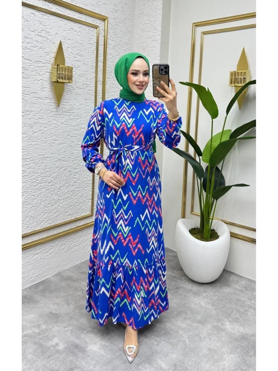 Nergis Neva Butik Saks Zikzak Desenli Viscon Elbise