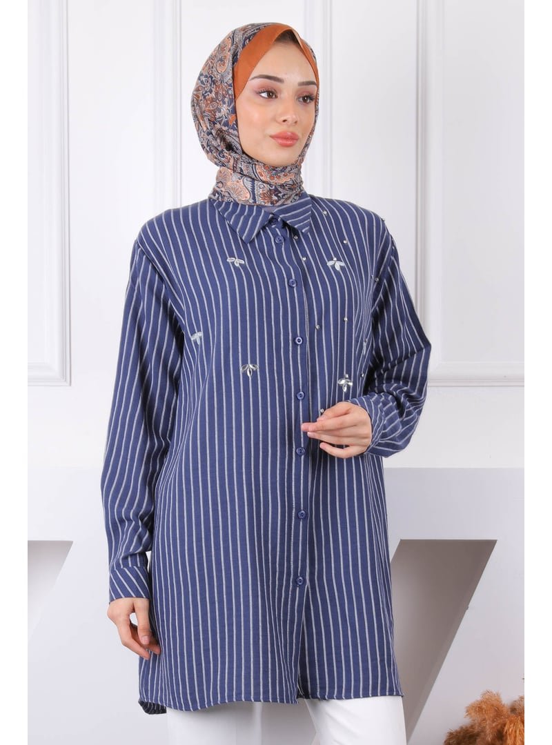 İmaj Butik Lacivert Önü Taşlı Çizgili Tunik