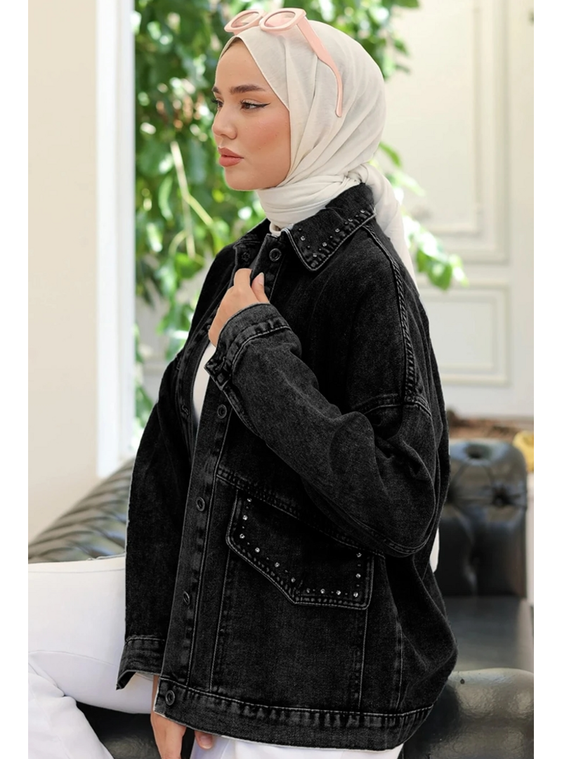Bestenur Siyah Taşlı Kot Ceket