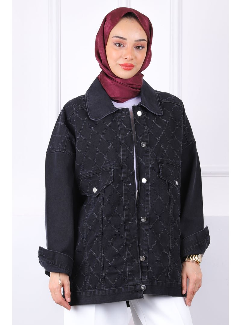 İmaj Butik Siyah Lazer Kesim Kot Ceket
