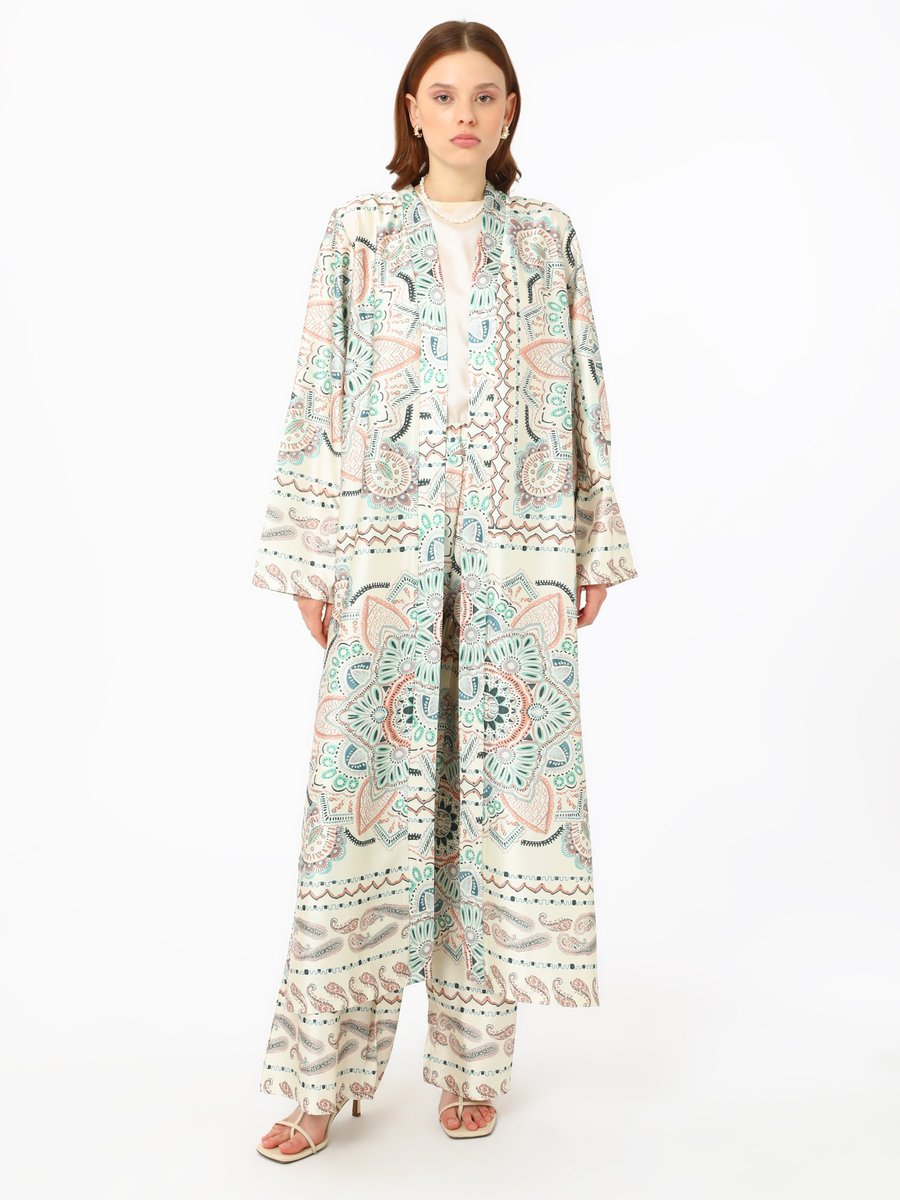 Refka Etnik Desenli Saten Pantolon Kimono Takım