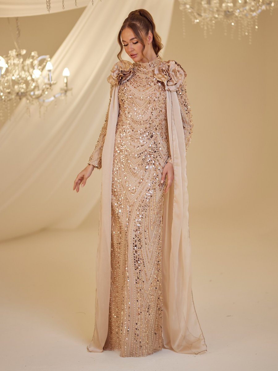 Burak Baran Fashion Gold Rengi Mihrimah Abiye Elbise
