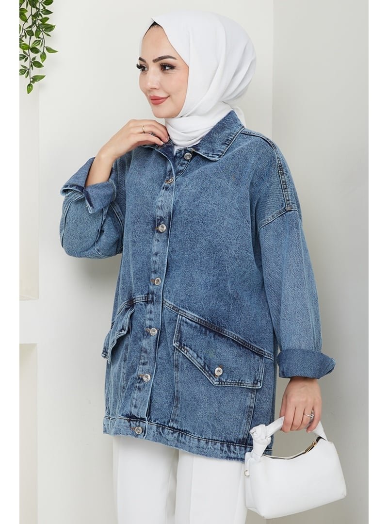 Bestenur Mavi Leliy Oversize Kot Ceket
