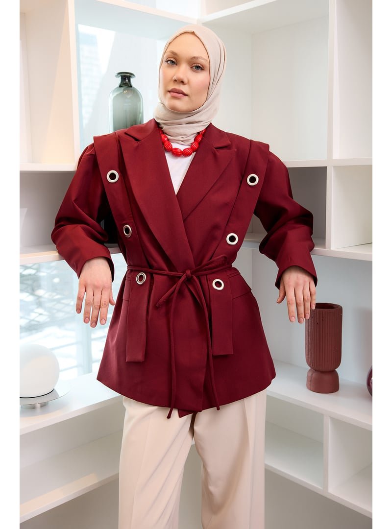 Locco Moda Bordo Kuş Gözü Kruvaze Yaka Blazer Ceket
