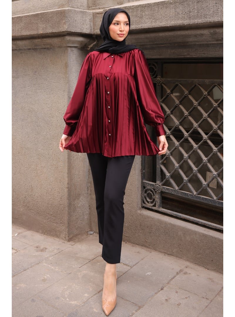 İmaj Butik Bordo Eteği Piliseli Saten Tunik
