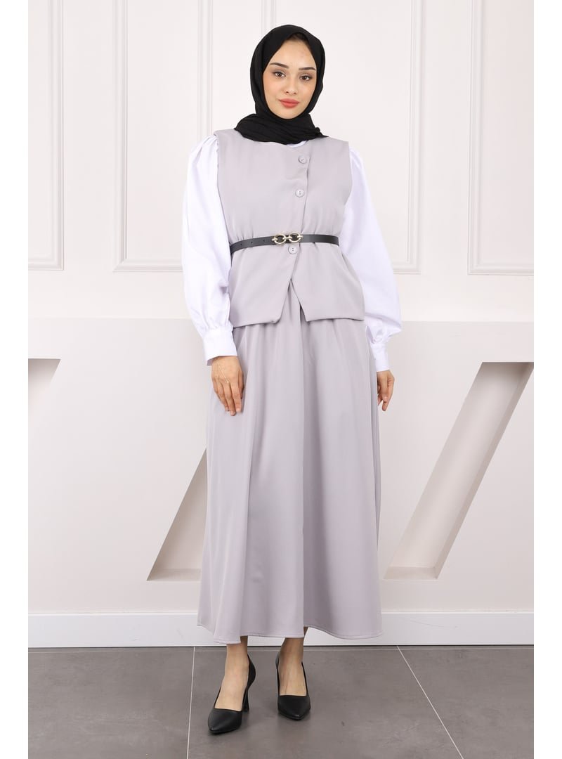 İmaj Butik Gri Kemerli Krep Yelek Etekli Takım