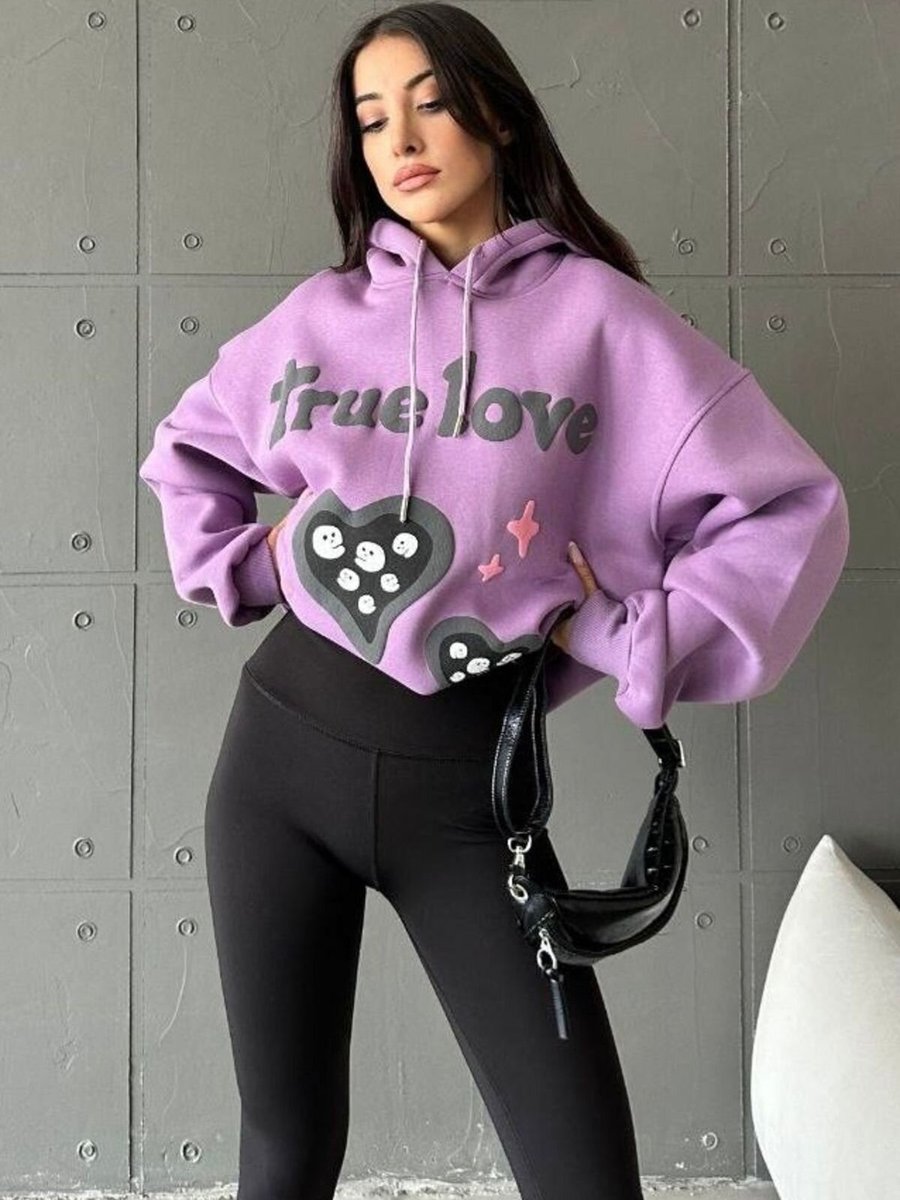 Baby Xclub Lila Şapkalı Üç İplik Şardonlu Oversize Kalıp Desenli Sweatshirt
