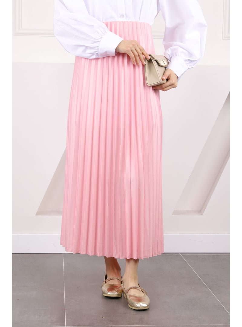 İmaj Butik Pembe Bel Lastikli Piliseli Etek
