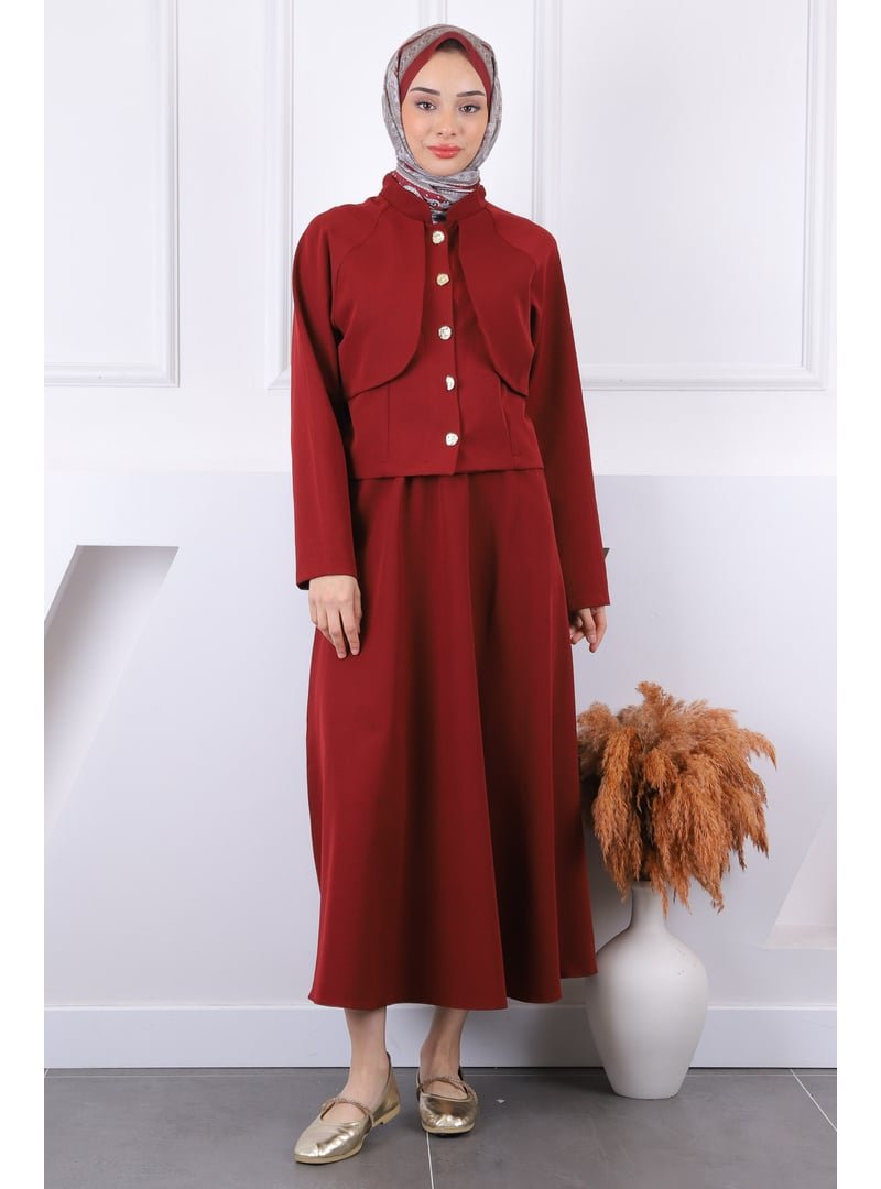 İmaj Butik Bordo Ön Düğmeli Ceket Etekli Takım