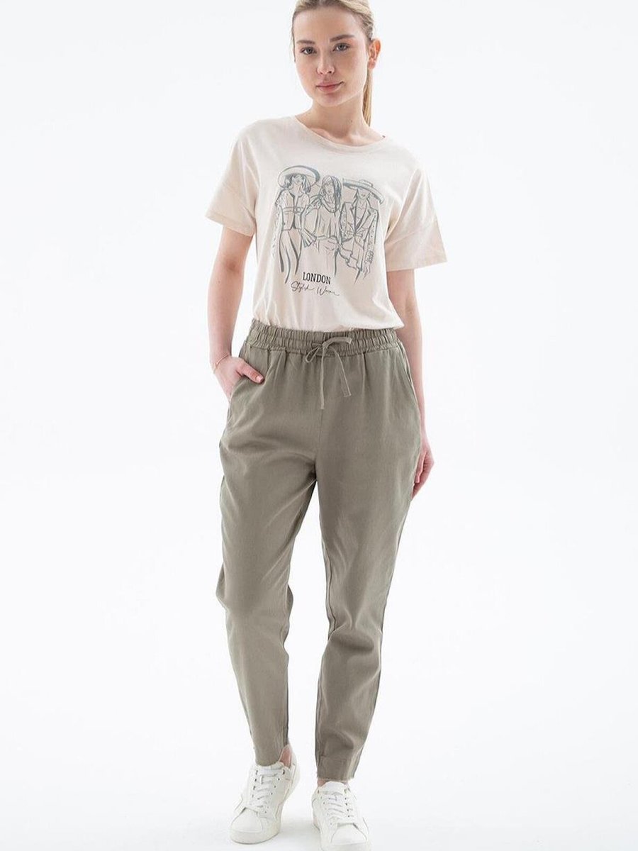Fashion Friends Haki Beli Lastikli Dar Paça Pantolon