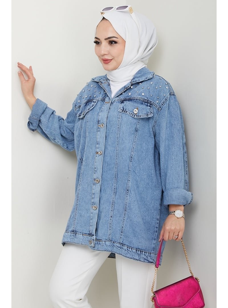 Bestenur Açık Mavi Elyez Taşlı Kot Ceket