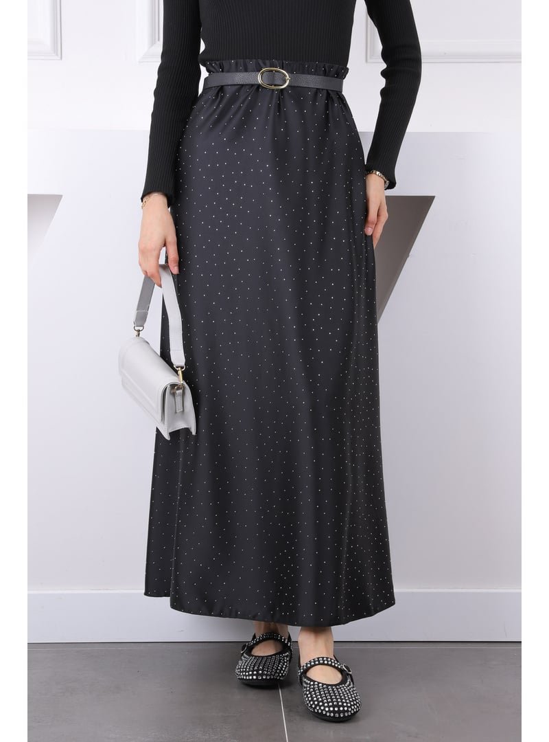 İmaj Butik Siyah Bel Lastikli Taşlı Saten Etek