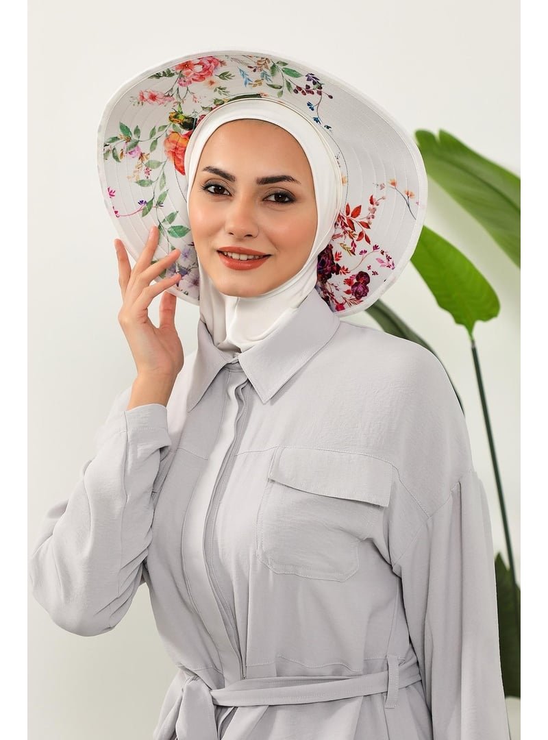 Aisha`s Design Olive Nijya Boneli Çıkarılabilir Desenli Şapkalı Bone Türban,s 6d Krem