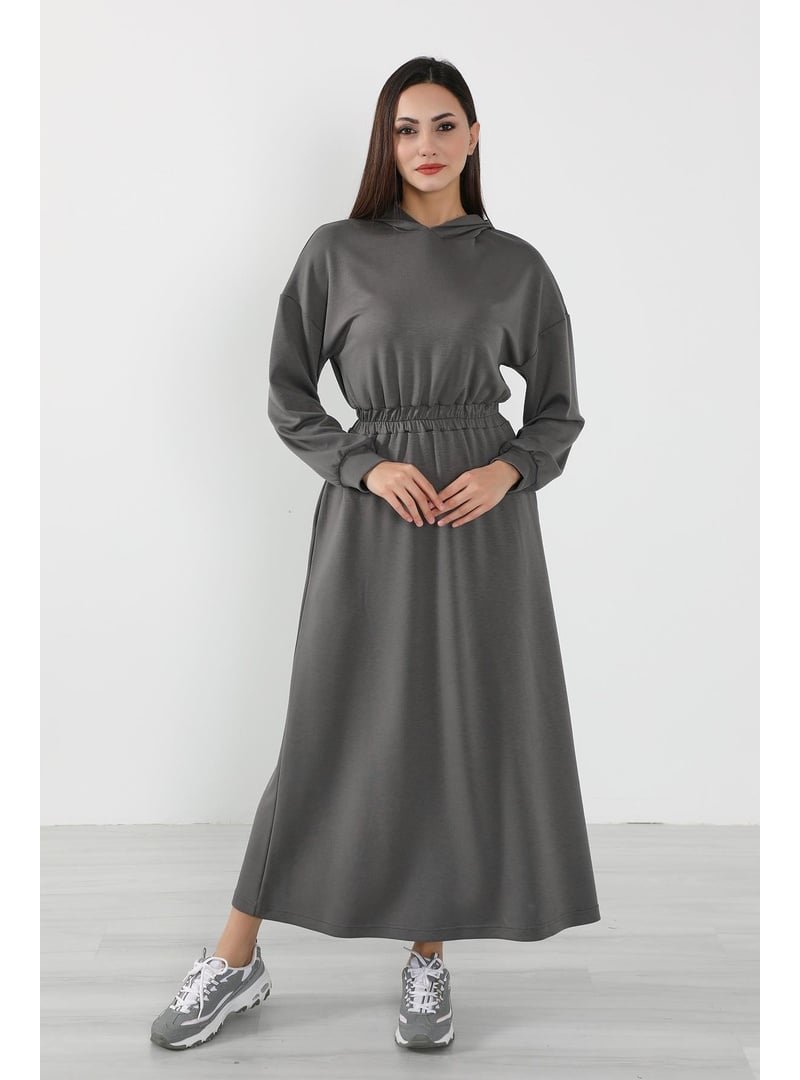 Aisha`s Design Antrasit Rahat Kesim Günlük Kapüşonlu Elbise,elb