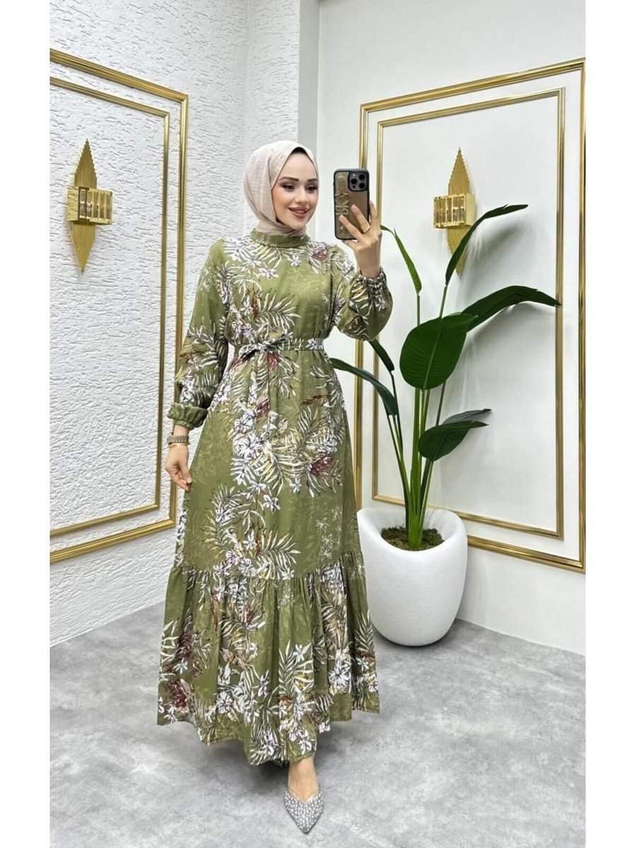 Nergis Neva Butik Yeşil Çalı Desenli Viscon Elbise