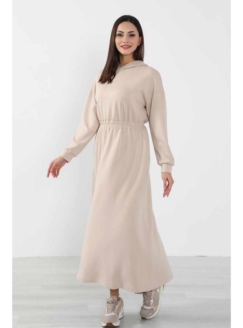 Aisha`s Design Bej Rahat Kesim Günlük Kapüşonlu Elbise,elb