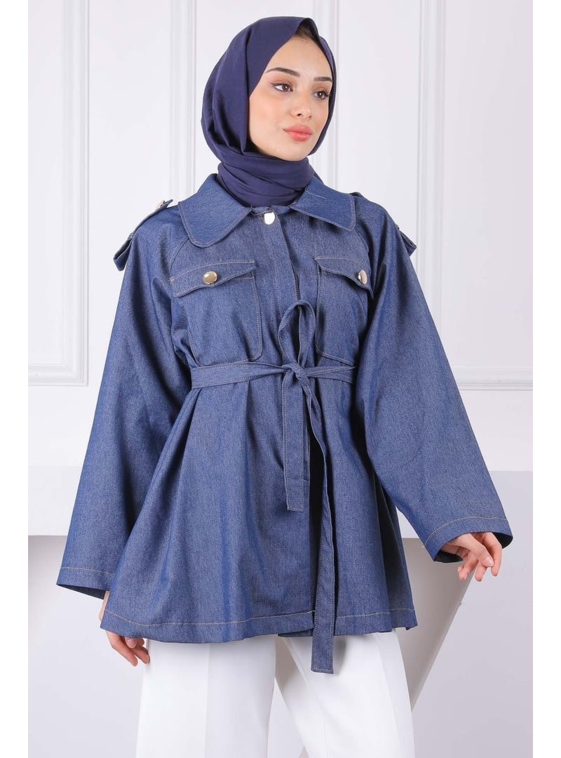 İmaj Butik Lacivert Çift Cepli Kuşaklı Ceket