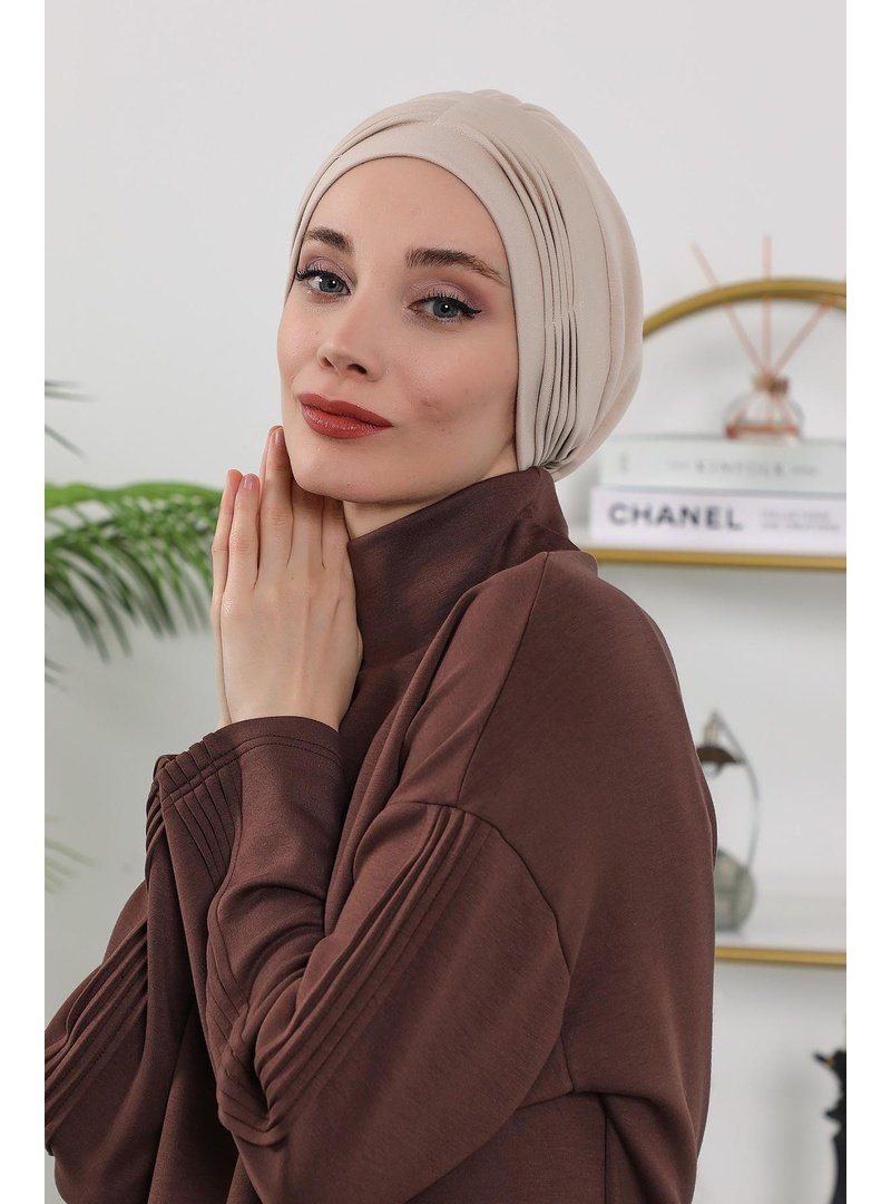 Aisha`s Design 19o Bej Dört Mevsim Kullanıma Uygun Mihrace Pileli Bone,b