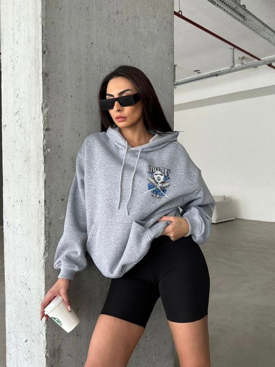 Baby Xclub Gri Şapkalı Üç İplik Şardonlu Oversize Kalıp Desenli Sweatshirt