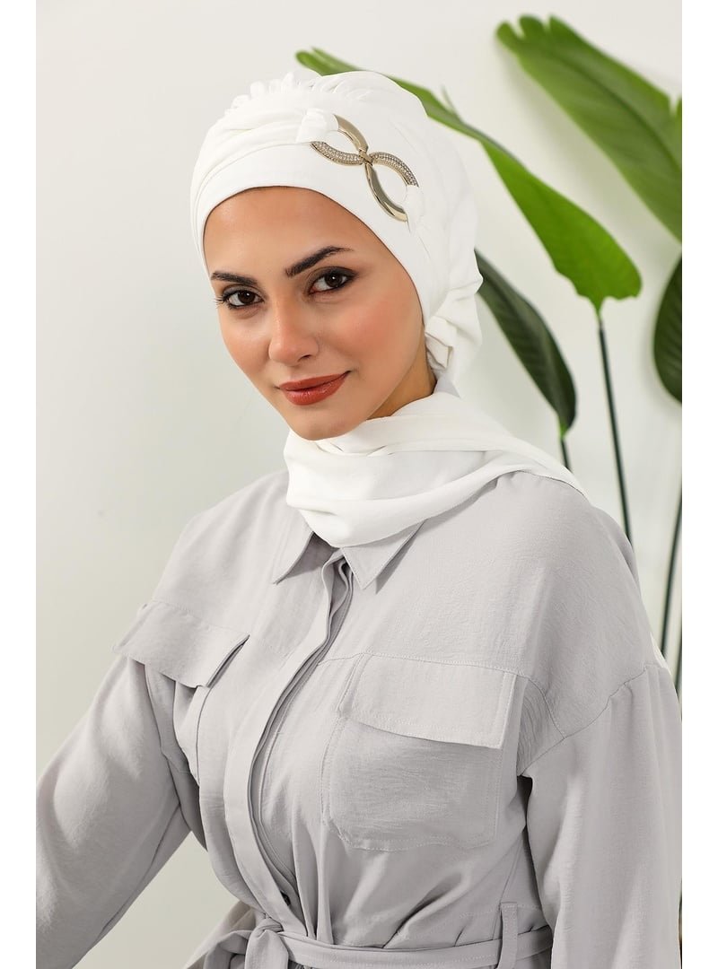 Aisha`s Design Ecru Aksesuarlı Aerobin Kumaş Hazır Türban,ht