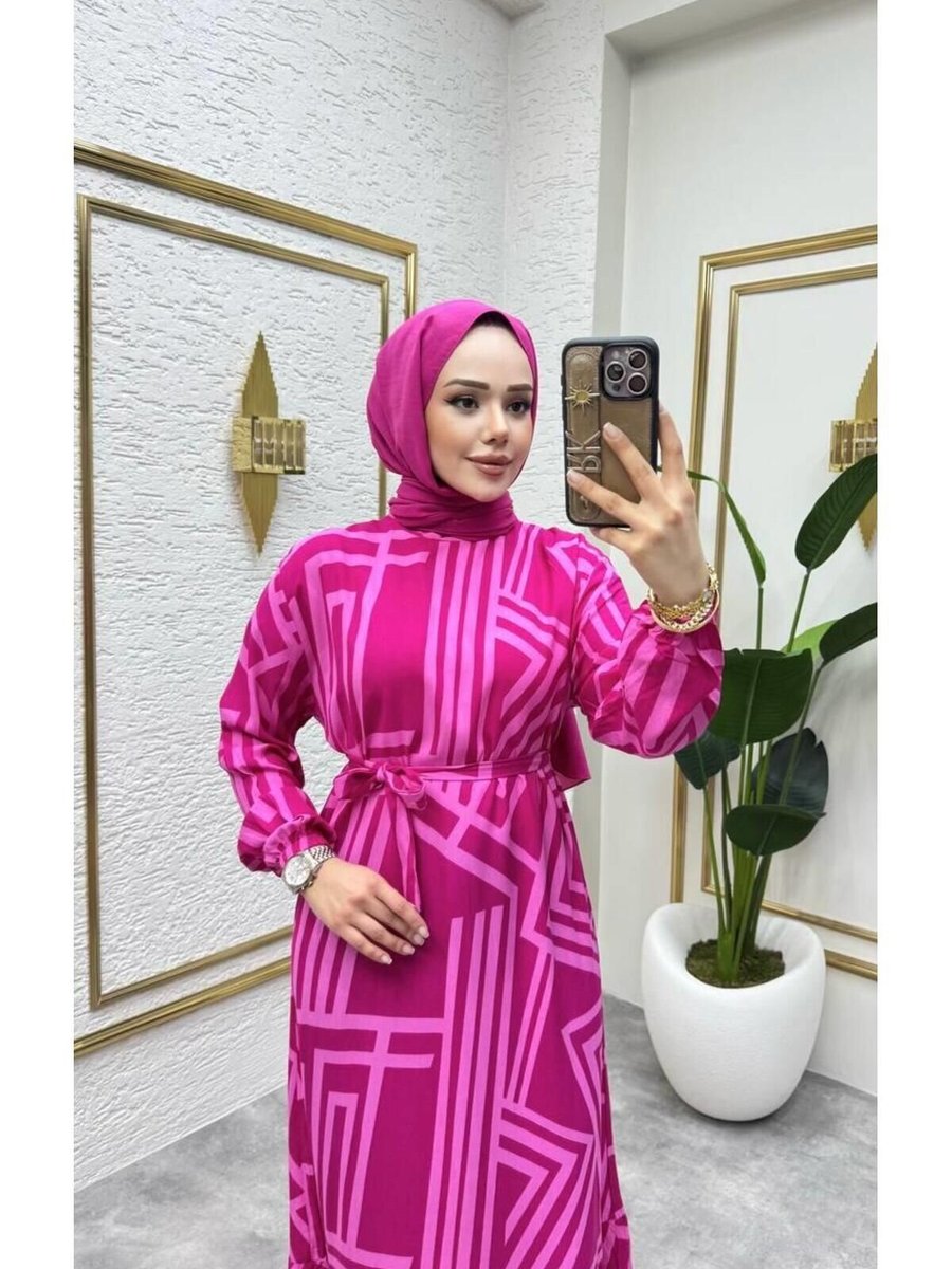 Nergis Neva Butik Fujya Geometri Desenli Tesettütr Elbise