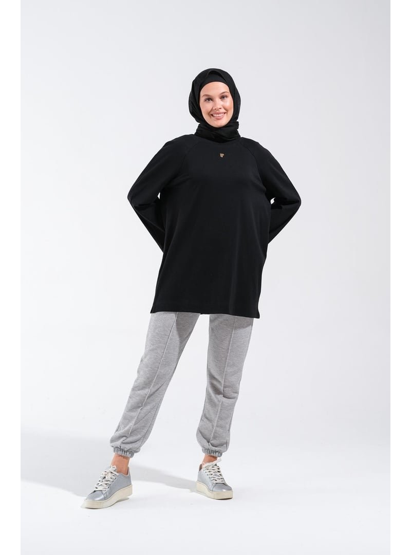 Plistre 2255_reglan Kollu Minimal Baskılı Basic Oversize Rahat Kalıp Tunik