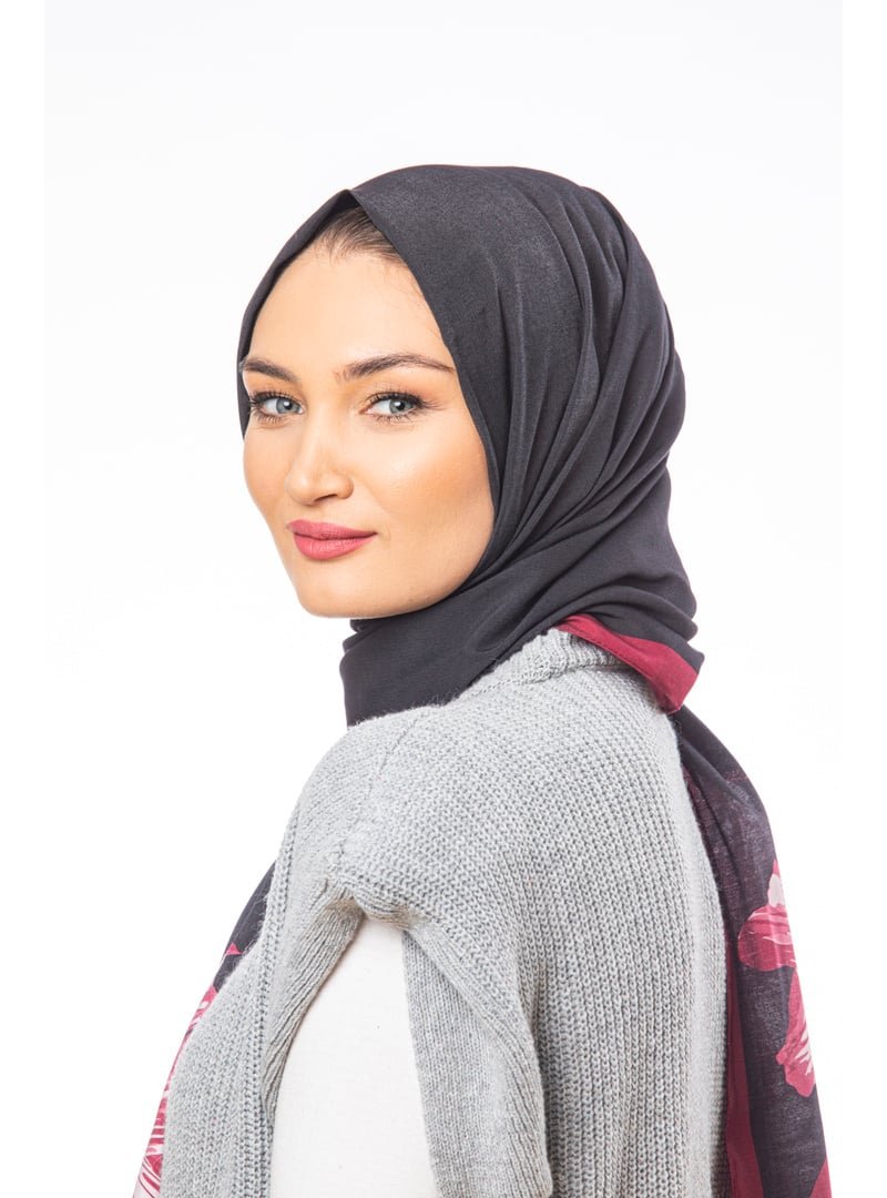 19v69 ITALIA Çiçekli Desen Modal Seri Şal Askısı İle Birlikte 75x200 Cm Siyah Bordo