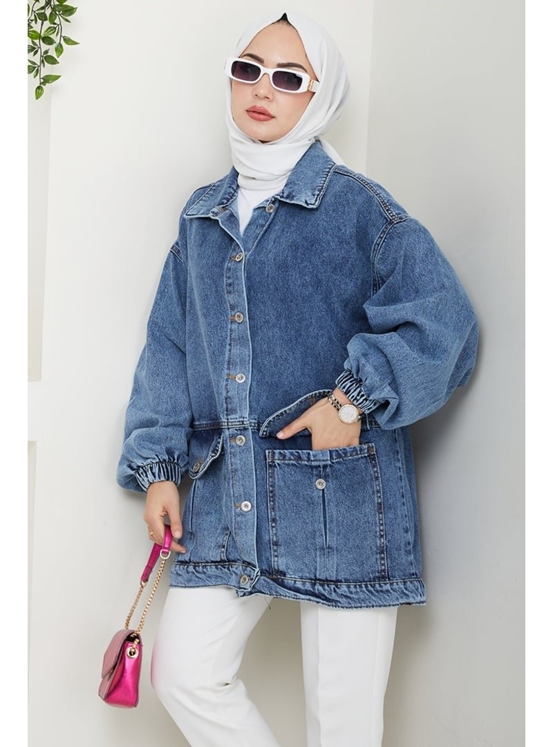 Bestenur Açık Mavi Torba Cepli Oversize Kot Ceket