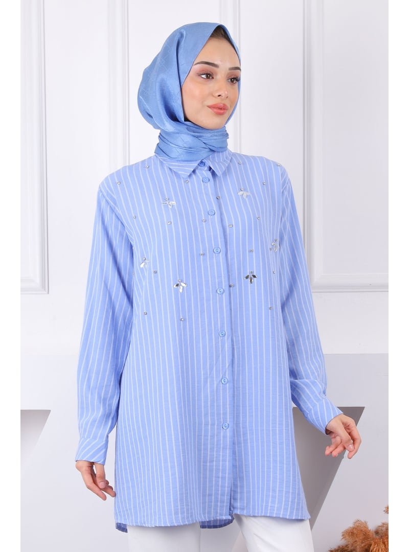 İmaj Butik Mavi Önü Taşlı Çizgili Tunik