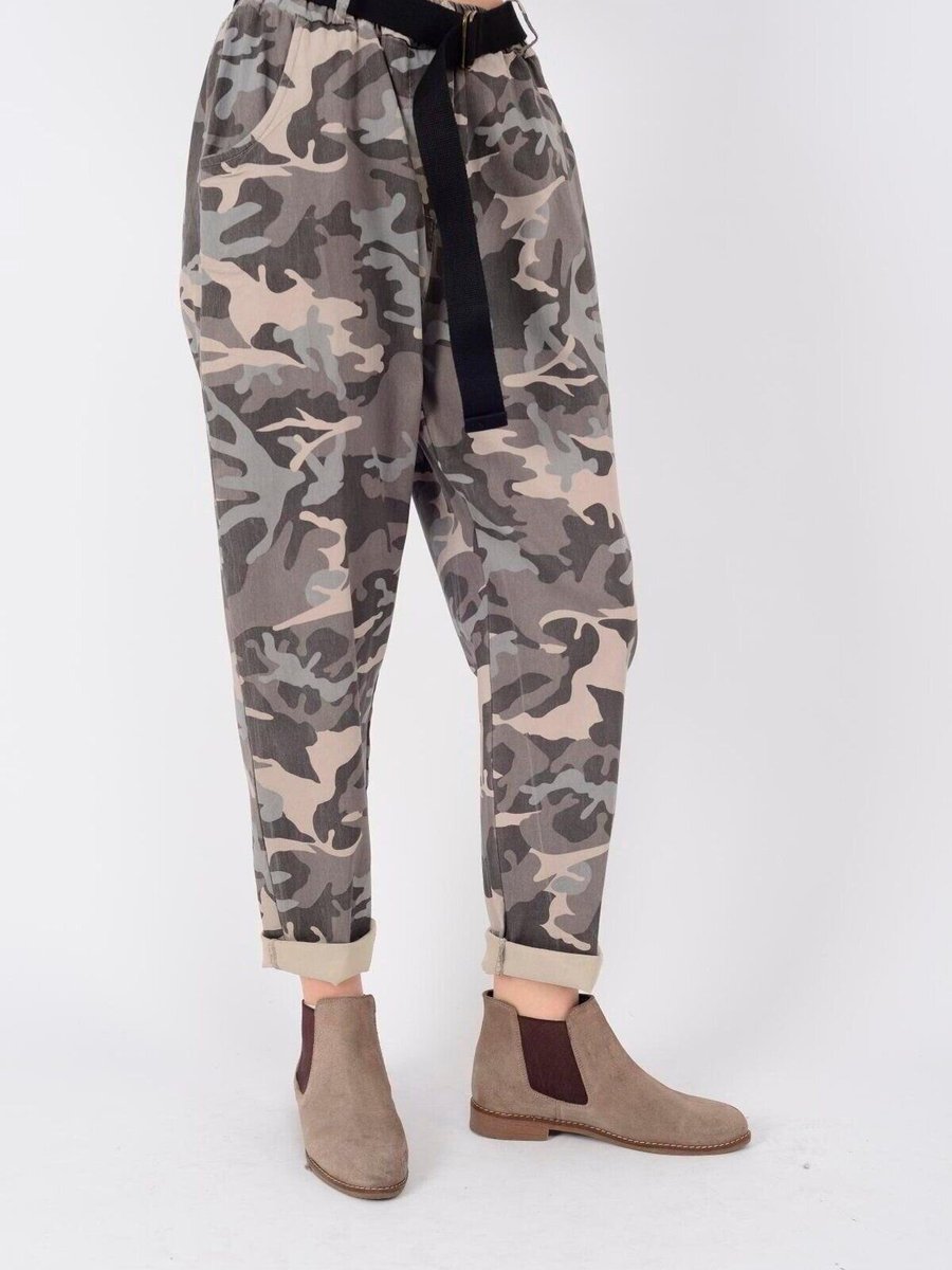 EREN STYLE Vizon Italyan Kemerli Kamuflaj Desenli Şalvar Gabardin Pantolon