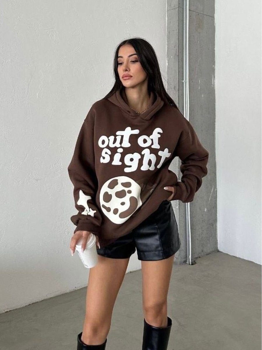 Baby Xclub Kahverengi Şapkalı Üç İplik Şardonlu Oversize Kalıp Desenli Sweatshirt