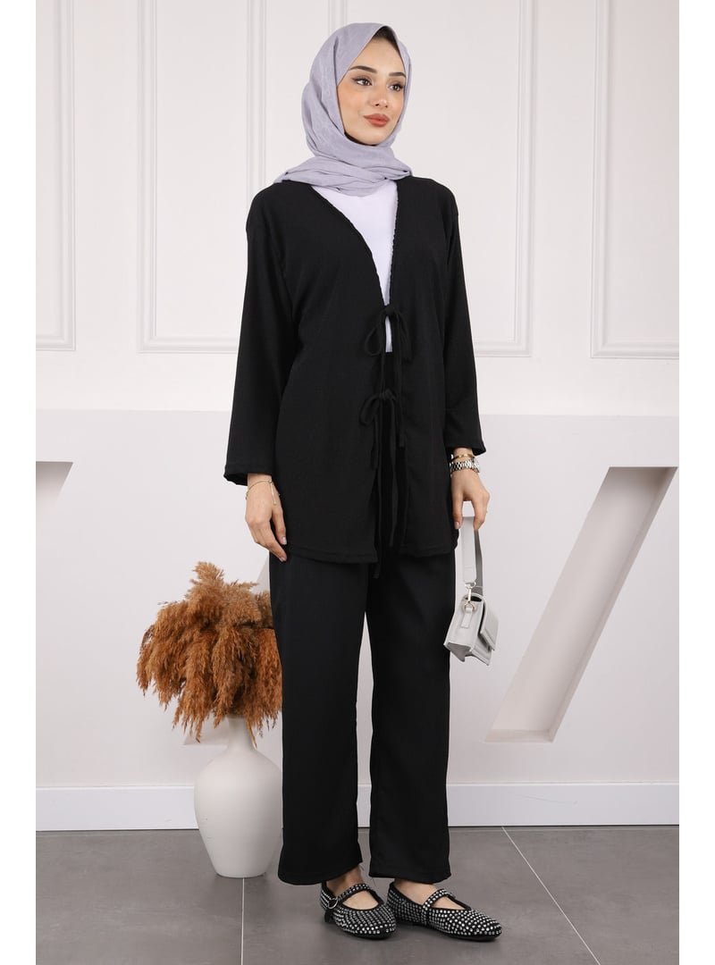 İmaj Butik Siyah Ön Bağlamalı Bürümcük Kimono Pantolonlu Takım