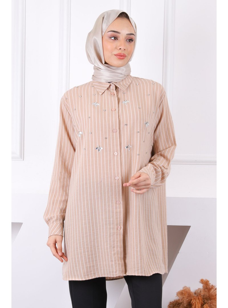 İmaj Butik Vizon Önü Taşlı Çizgili Tunik