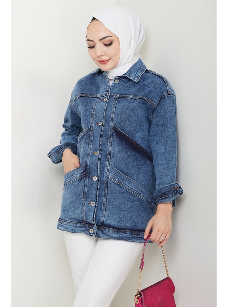 Bestenur Mavi Çift Cepli Oversize Kot Ceket