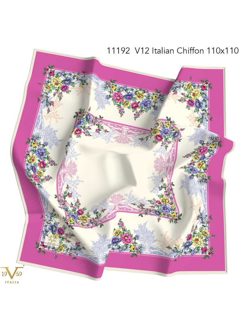 19v69 ITALIA Fuşya Desenli İtalyan Şifon Seri Eşarp Askısı İle Birlikte 110x110 Cm
