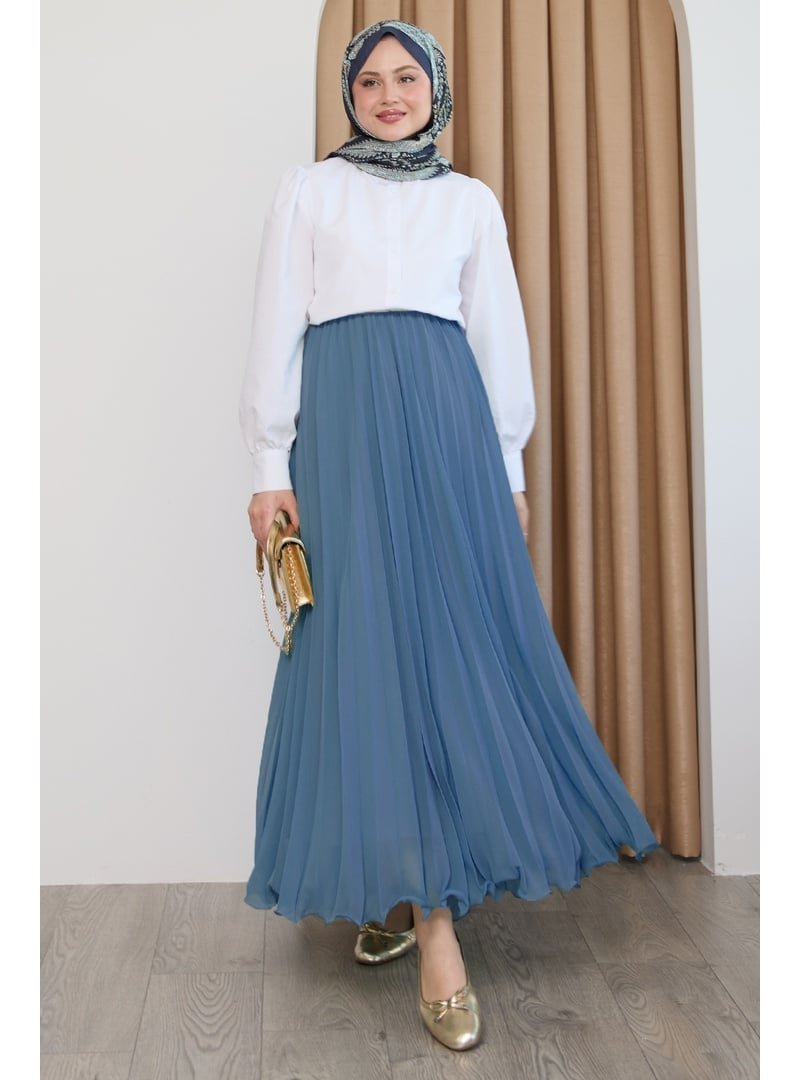 InStyle Dökümlü Kıvrımlı İndigo Şifon Etek