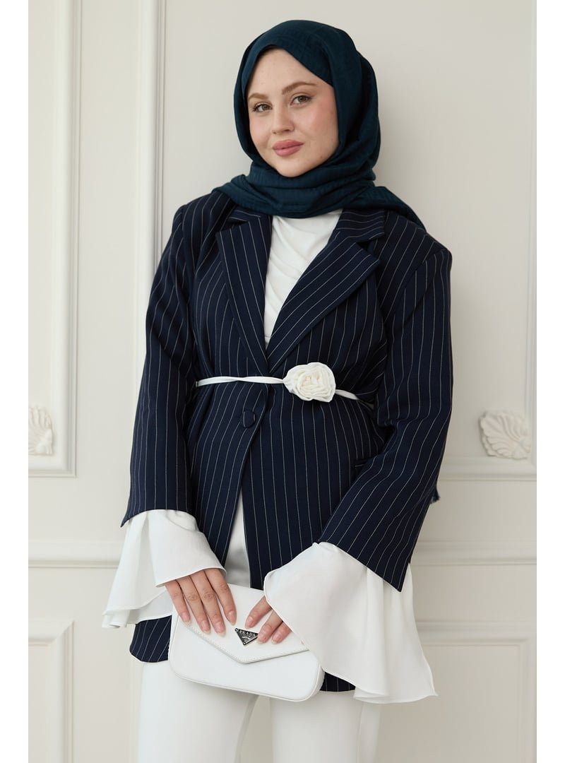 InStyle Çizgili Kolları Volanlı Lacivert Blazer Ceket