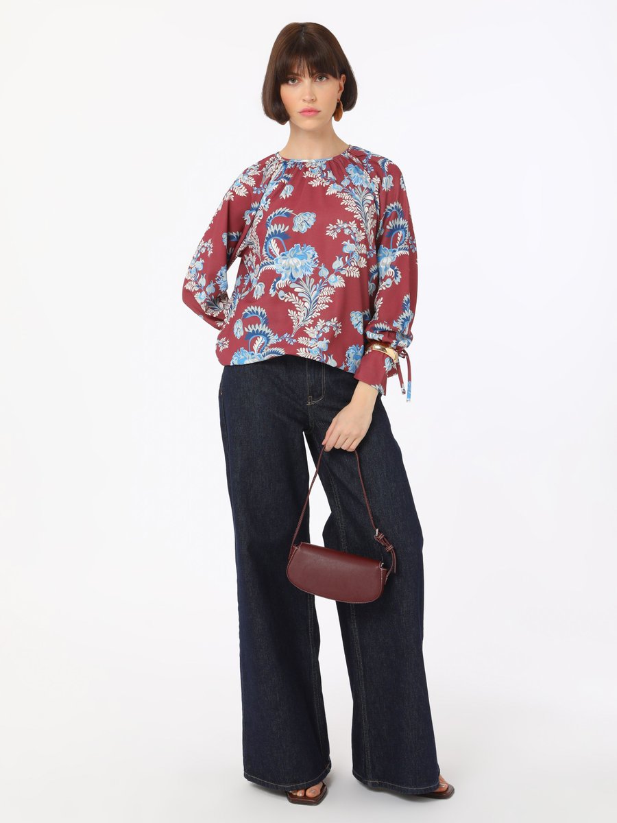 Refka Bordo Floral Desenli Kolları Bağlamalı Bluz / Gömlek
