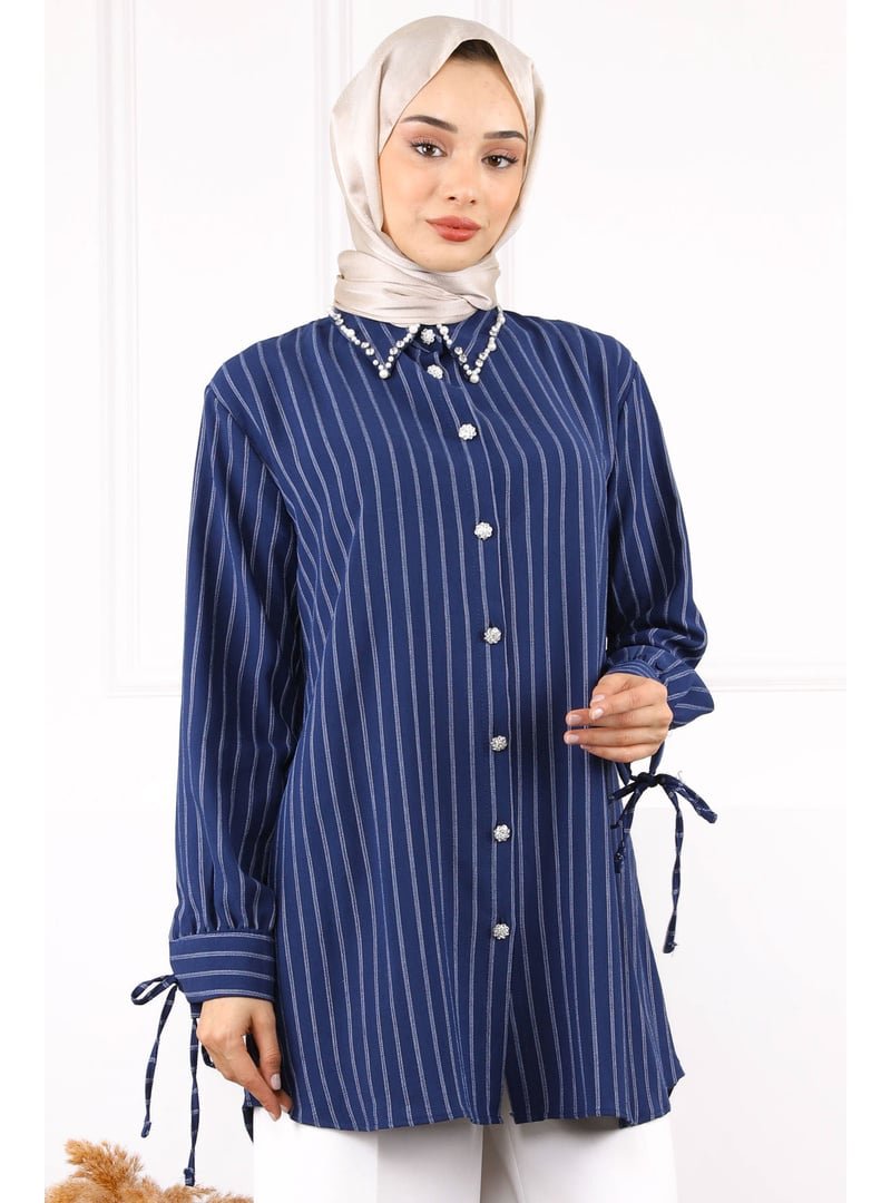 İmaj Butik Lacivert Kolu Bağcıklı Yaka Taşlı Linda Tunik