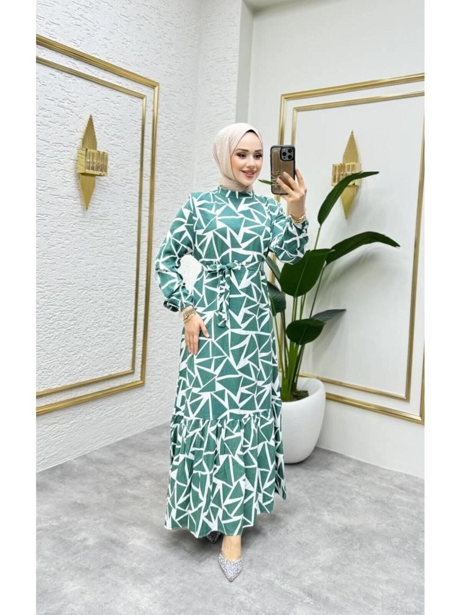Nergis Neva Butik Zümrüt Geometrik Desenli Viscon Elbise