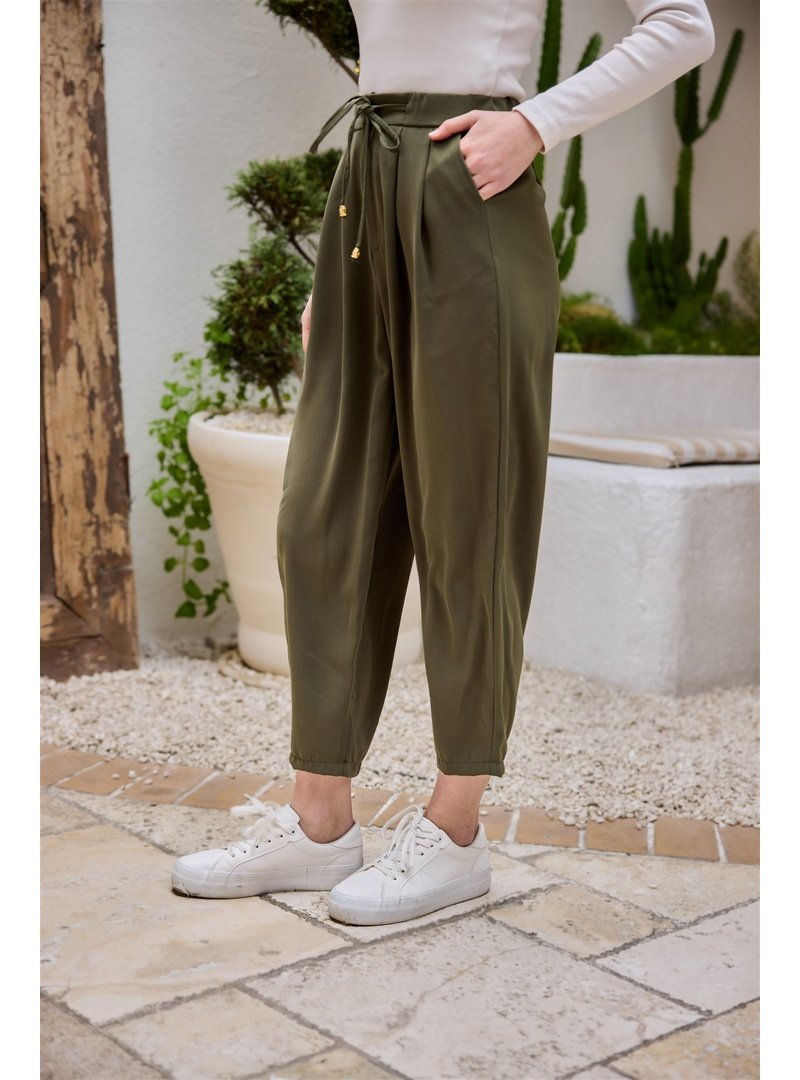 Locco Moda Beli Lastikli Havuç Pantolon Haki Yeşil