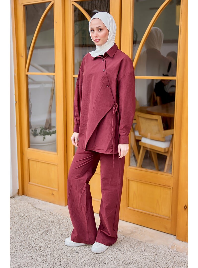 Locco Moda Bordo Düğme Detay Yan Bağlamalı Keten Takım