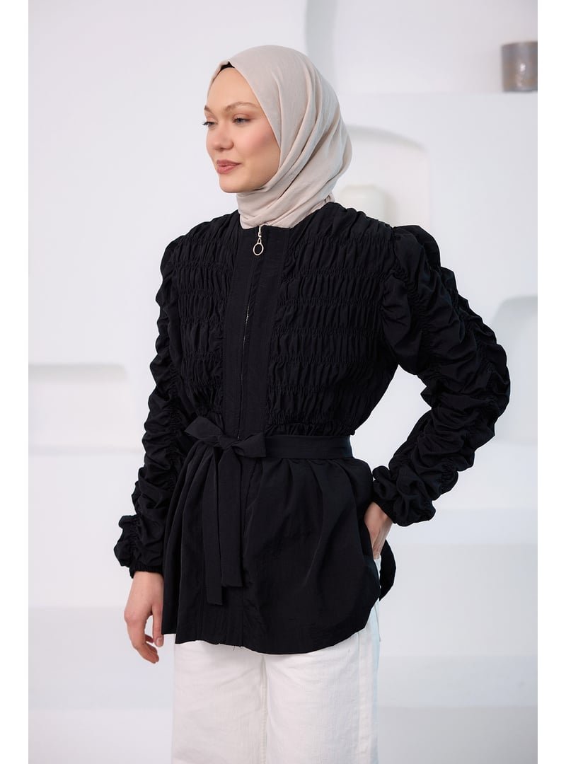 Locco Moda Lacivert Büzgü Detaylı Fermuarlı Ceket