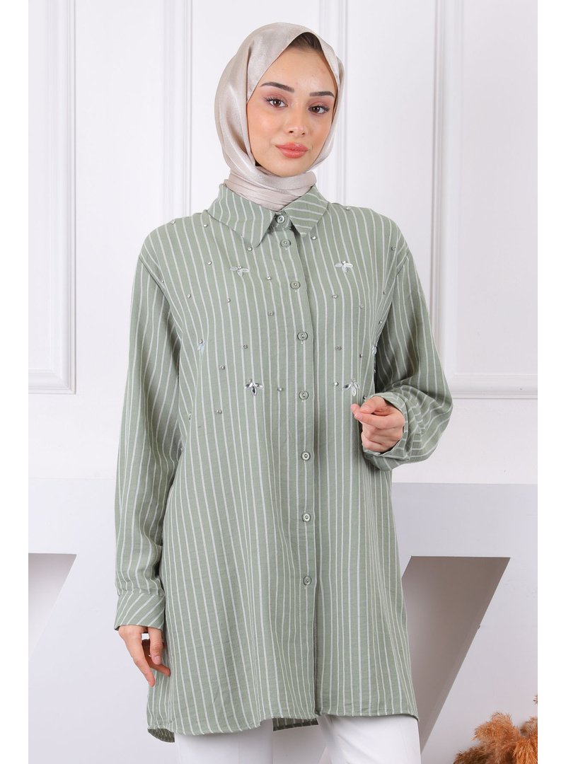 İmaj Butik Haki Önü Taşlı Çizgili Tunik