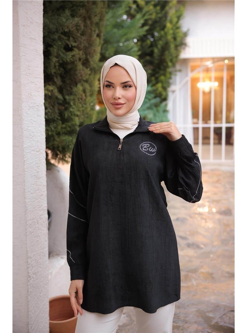 Bwest Siyah Yarım Fermuarlı Yaka Logo Baskılı Tunik