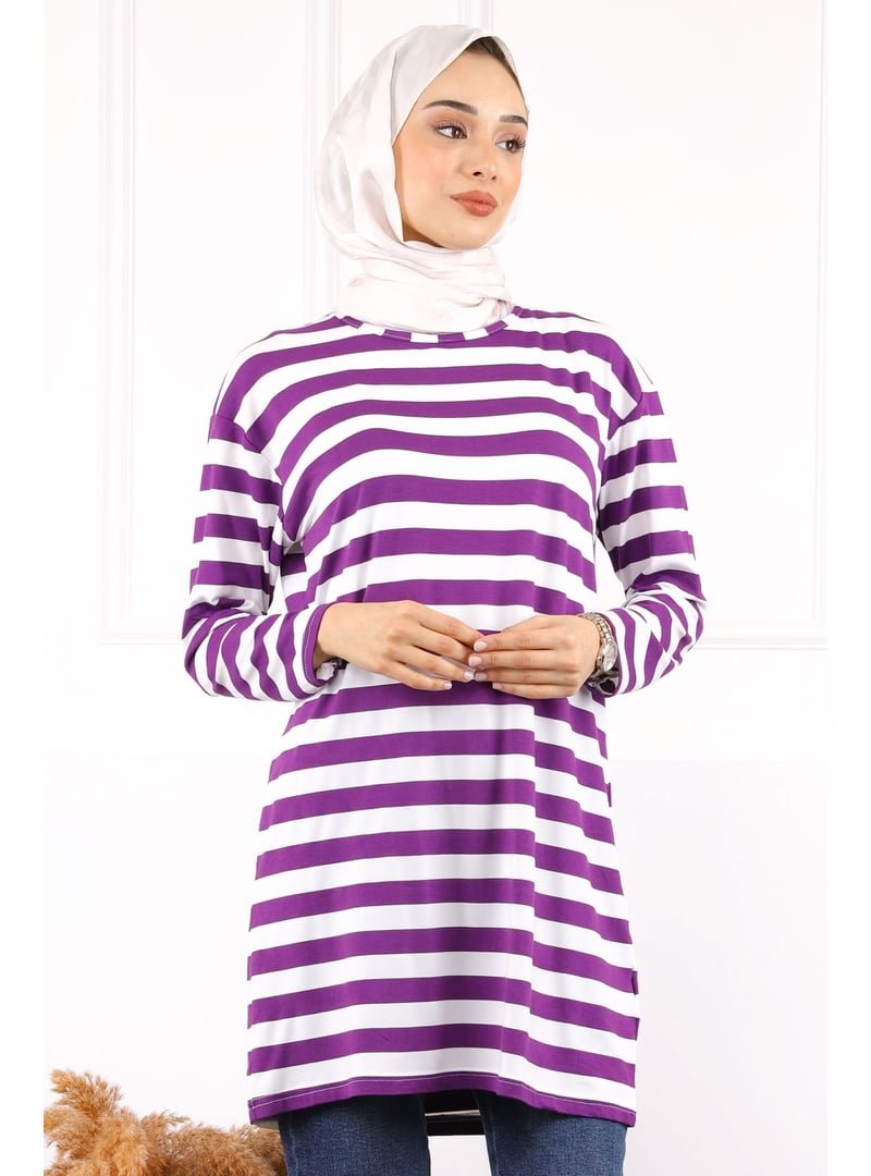 İmaj Butik Mor Çizgili Uzun Kol Tunik