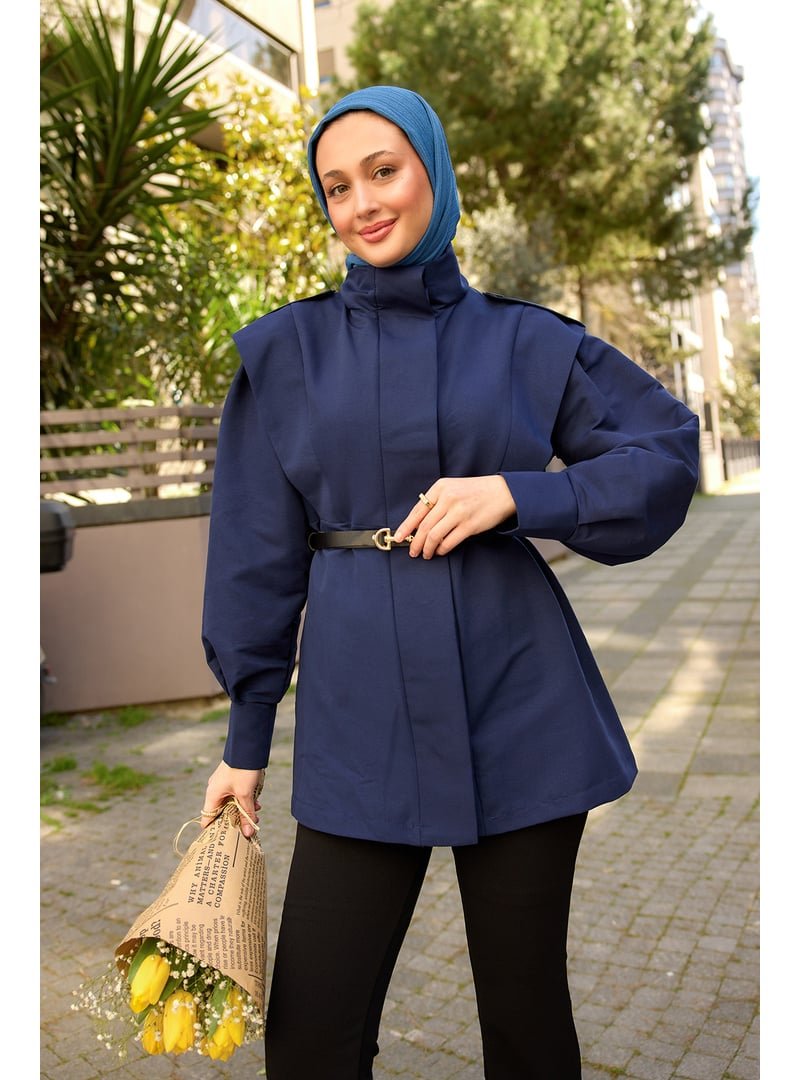 Locco Moda Lacivert Palt Pensli Apoletli Kısa Trenç